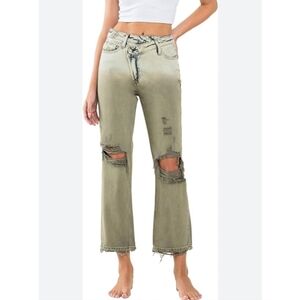 VERVET  High Rise Criss Cross Waistband Crop Jeans